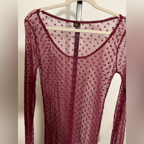 Poof Vintage Y2K Women's Pink Shirt Sheer Burgundy Polka Dot Top - Picture 10 of 12